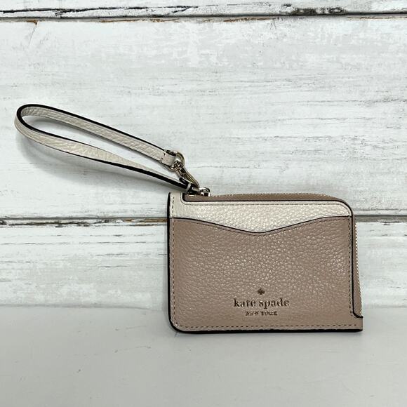 Kate Spade Pebbled Leather Card Case Wallet Zip Coin Cardholder Beige Taupe - Picture 2 of 11